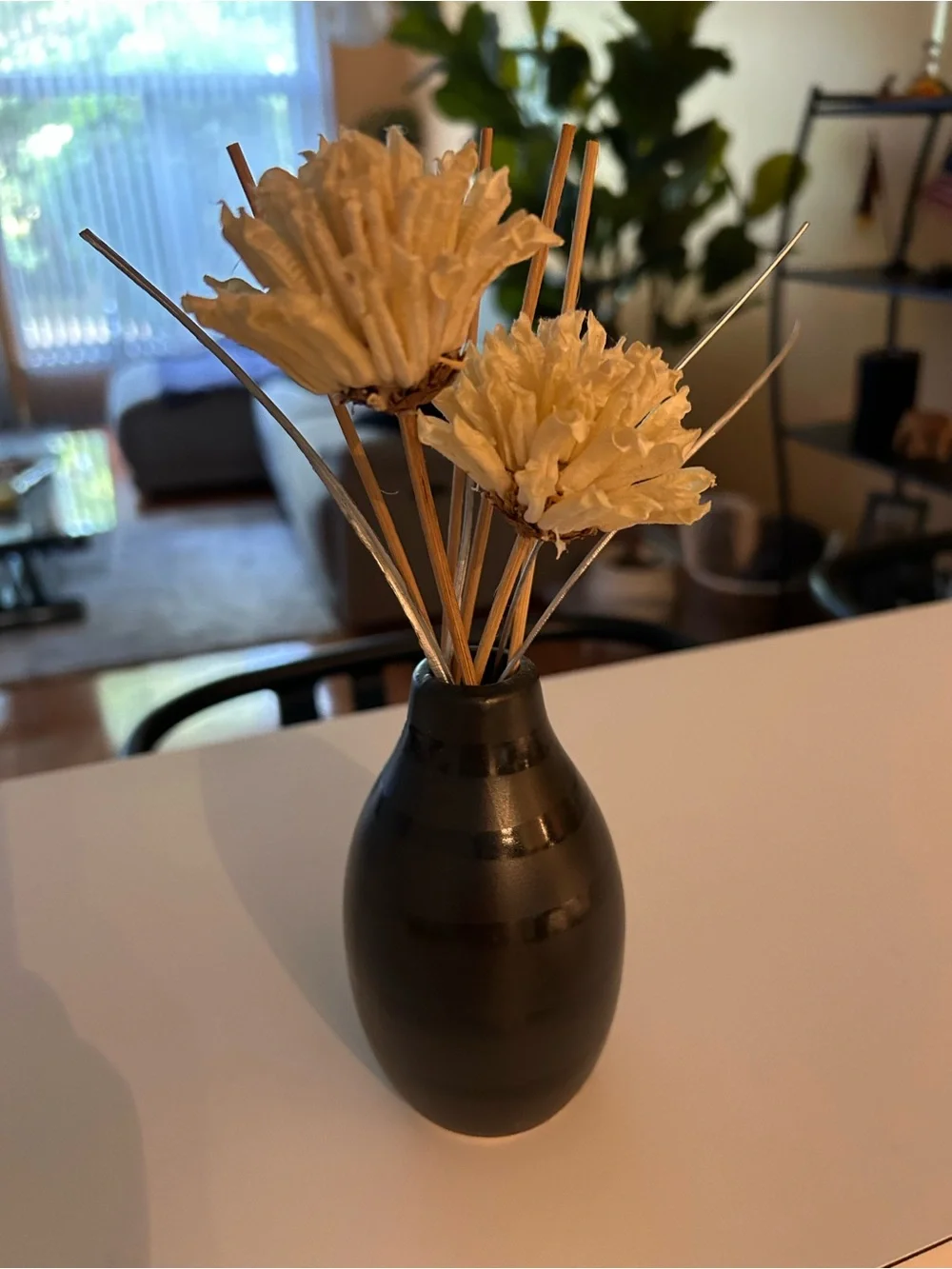 Black Small Ceramic Bud Vase with Cream Dried Flower Stems